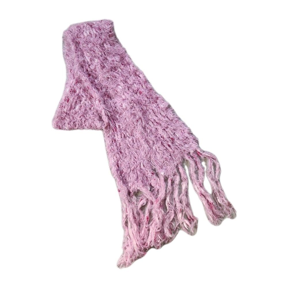 VTG Y2K Lorenzo Pink Fuzzy Scarf Fringe Eyelash Knit Soft Boucle Made In Italy
